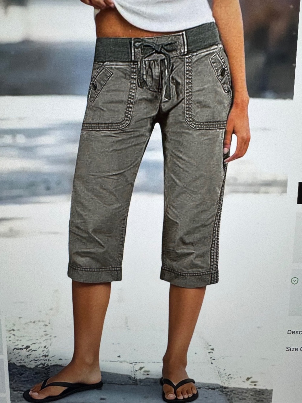 Flamingals Drawstring Button Decor Mid Waist Straight Leg Capri Pants grey M-NWT